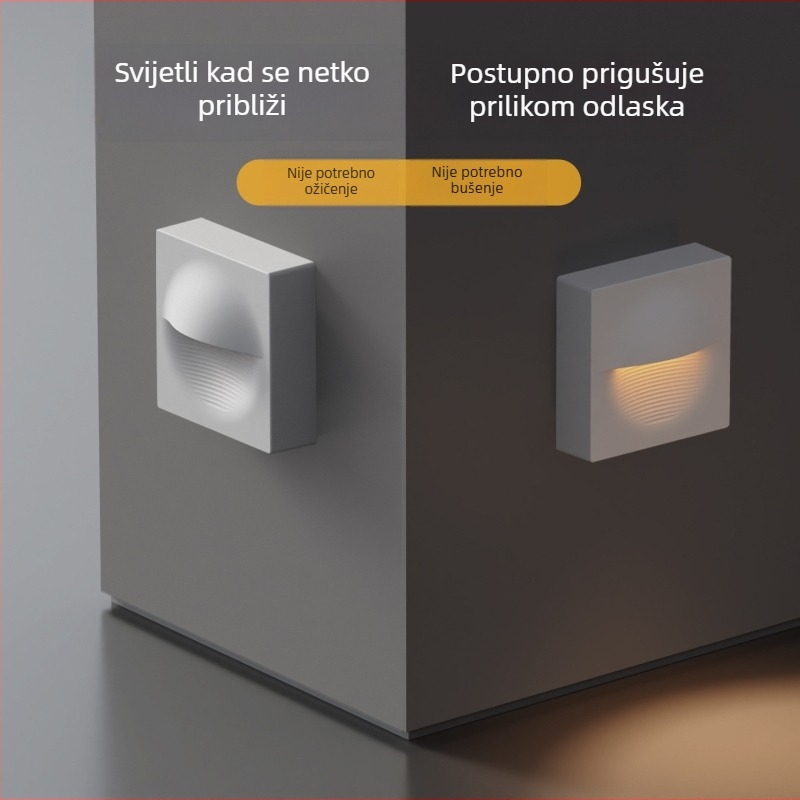 Bežični zidni svjetiljka s detekcijom pokreta, ugrađena baterija, PVC sjenilo, kompaktne dimenzije 8,4 × 8,4 × 3,6 cm, za hodnike i stepenice.
