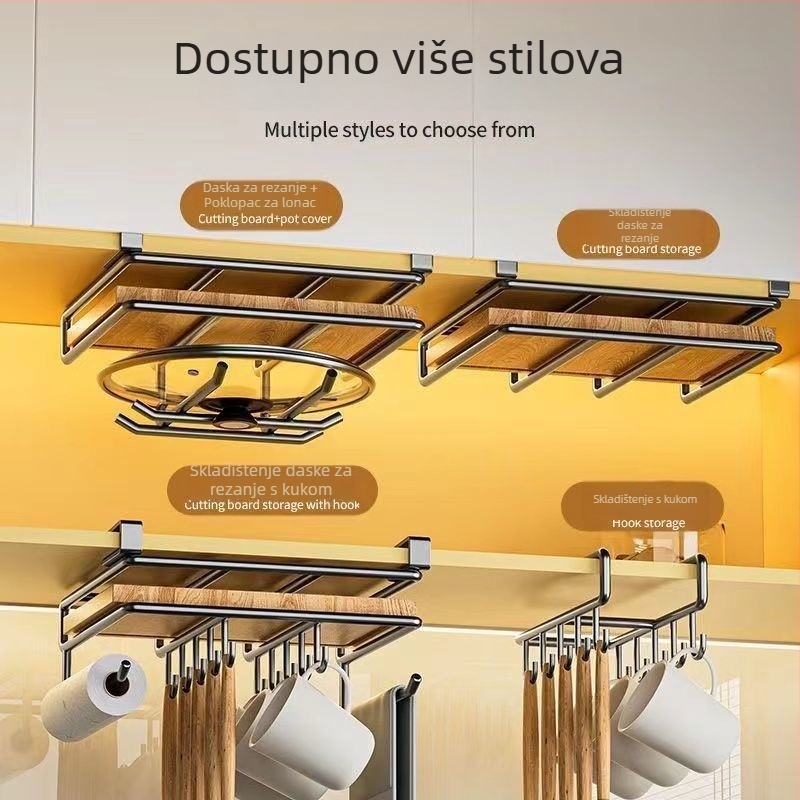Kuhinja bez bušenja: sustav skladištenja s visećim košem u ormaru, ispod ormara za daske za rezanje i poklopce lonaca
