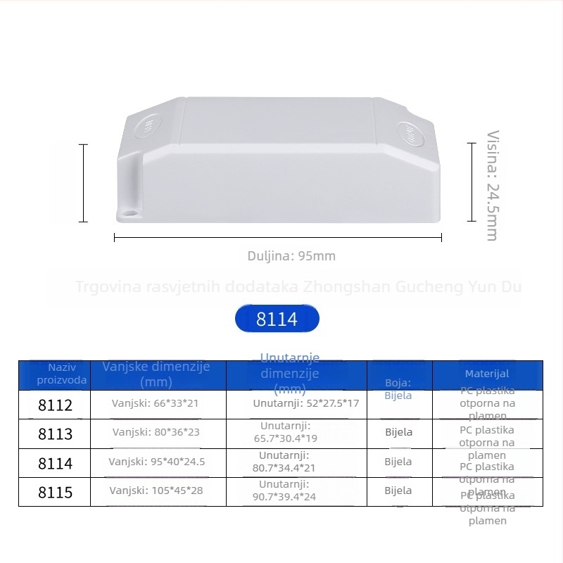 Kućište LED drivera, dimenzije 66×33×21 mm, plastično kućište za LED napajanje