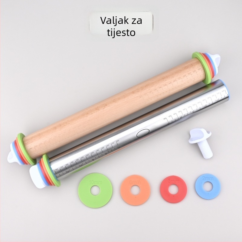 Bukveni valjak za tijesto s nehrđajućim čeličnim trakama i mjernom skalom — za tijesto, pizzu i knedle