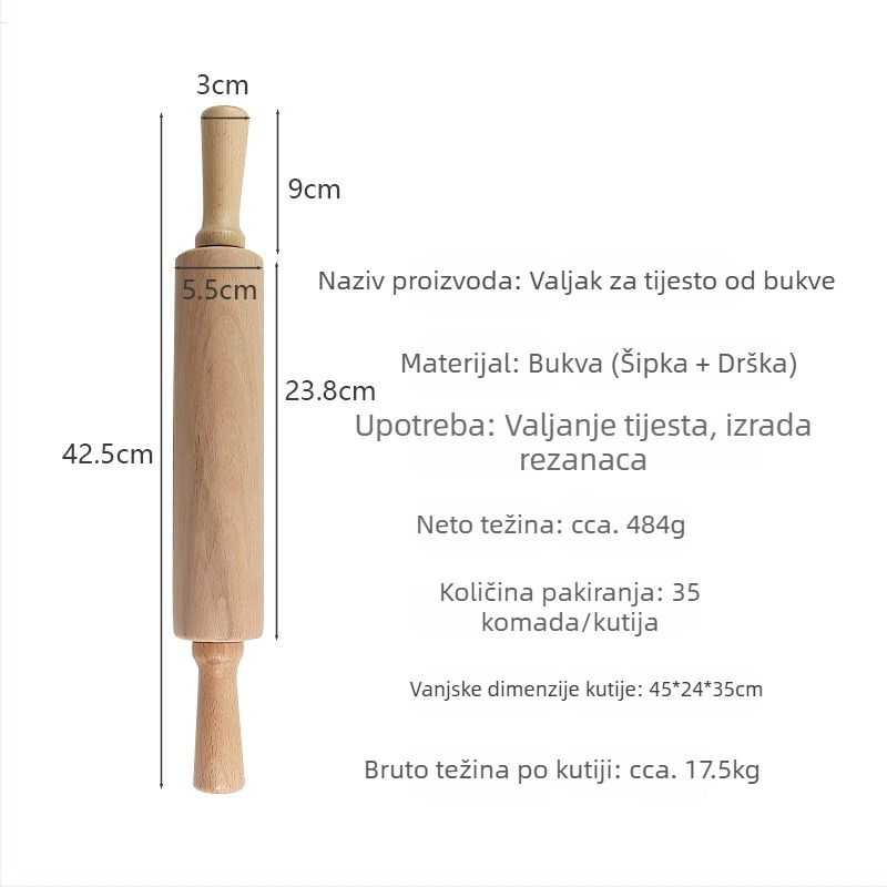 Drveni valjak za tijesto od bukovine – kuhinjski alat za pečenje
