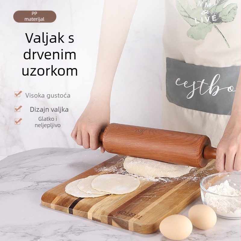 Valjak za tijesto s drvenim izgledom, plastični neadhezivni valjak, moderni minimalistički kuhinjski alat za pečenje
