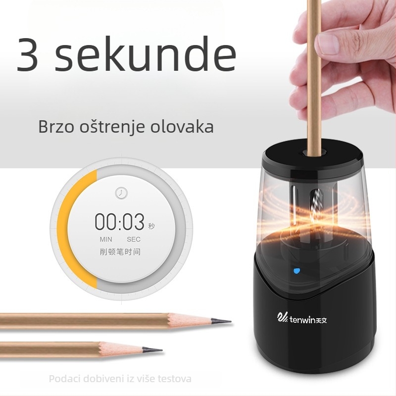 Tenwin električni oštricač olovaka za tanke olovke, poluautomatni, punjiv, za učenike prvog razreda