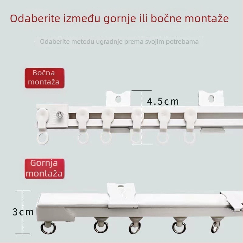 Kućna upotreba bez bušenja — gornja i bočna montaža, samoljepljiva debela šina za zavjese, širina 2 cm i debljina 1,2 cm, tiho klizanje za vrata i prozore