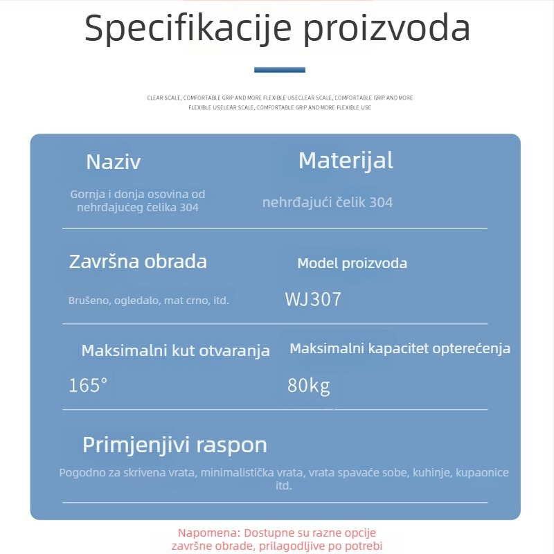 Panta za vrata od nehrđajućeg čelika 304, nosivost 60–80 kg, pogodna za drvena vrata i čelične okvire, otvaranje 90°.