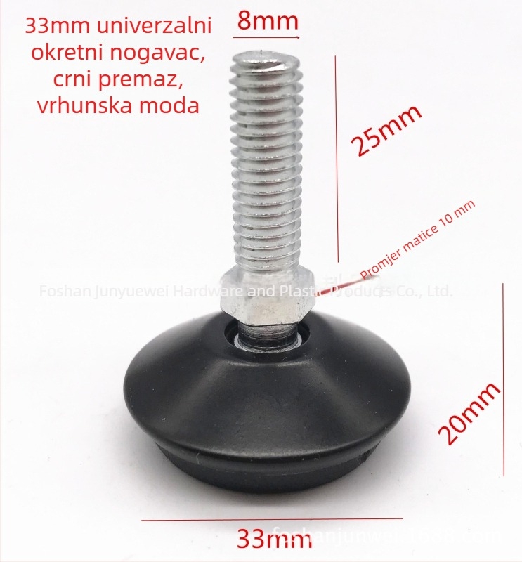 Crna prilagodljiva podloga za nogu s poklopcem od 33 mm M8/M10 za okrugle noge stolova i stolica