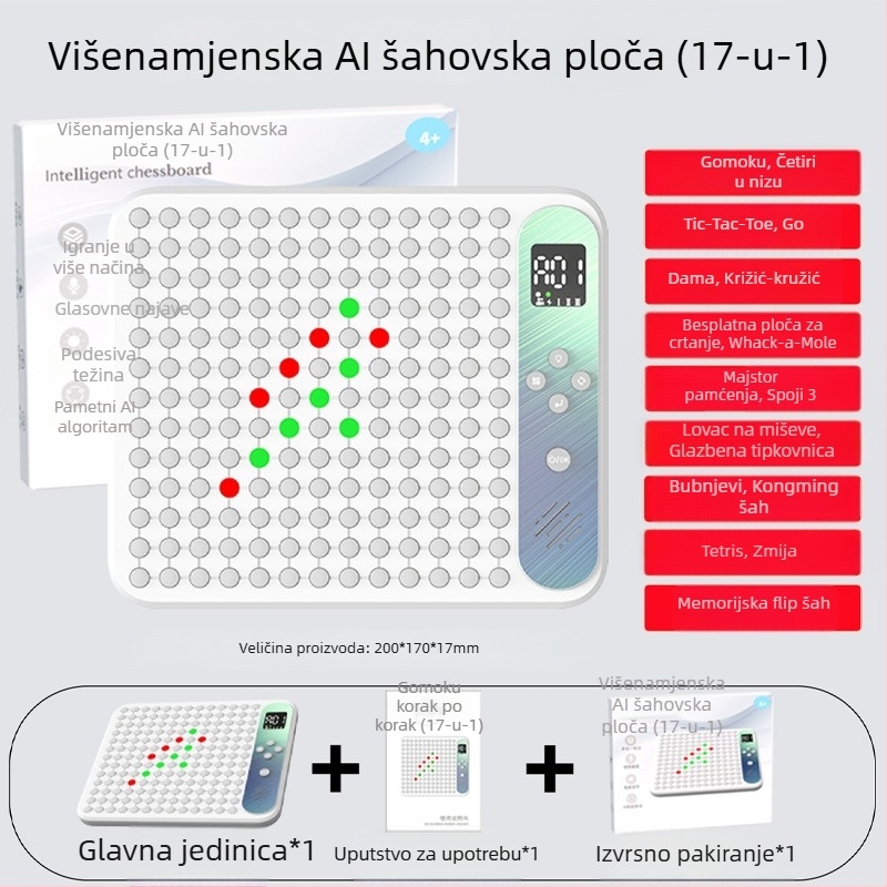 AI-pokretna 17-in-1 višenamjenska elektronička ploča za šah Gomoku, Go i Tic-Tac-Toe – edukativna igračka za djecu