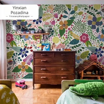 Tapeta od saten materijala s ručno oslikanim cvjetnim motivom, šareni cvjetni uzorak za spavaću sobu i dnevni boravak, bezšivno zidno oblaganje