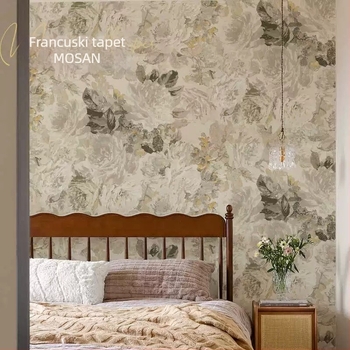 Premium bešivna zidna obloga s granama cvijeća, pozadina za spavaću sobu u francuskom retro stilu, tapeta za zid