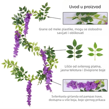 Umjetno cvijeće wisterije za svadbenu dekoraciju, viseće grane za hodnik i strop, visina 200 cm i više
