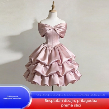 Roza večernja haljina s izrezom na ramenu, kratka, za žene — pogodna za bankete, studentske zabave, ceremonije punoljetnosti, društvene zabave, haljina u stilu princeze, godišnja okupljanja i organizacija događanja