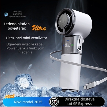 Ventilator za hlađenje s baterijom 9000mAh, izvučivi kabel, ručni, ultra-brzi digitalni displej, sklopivi ventilator