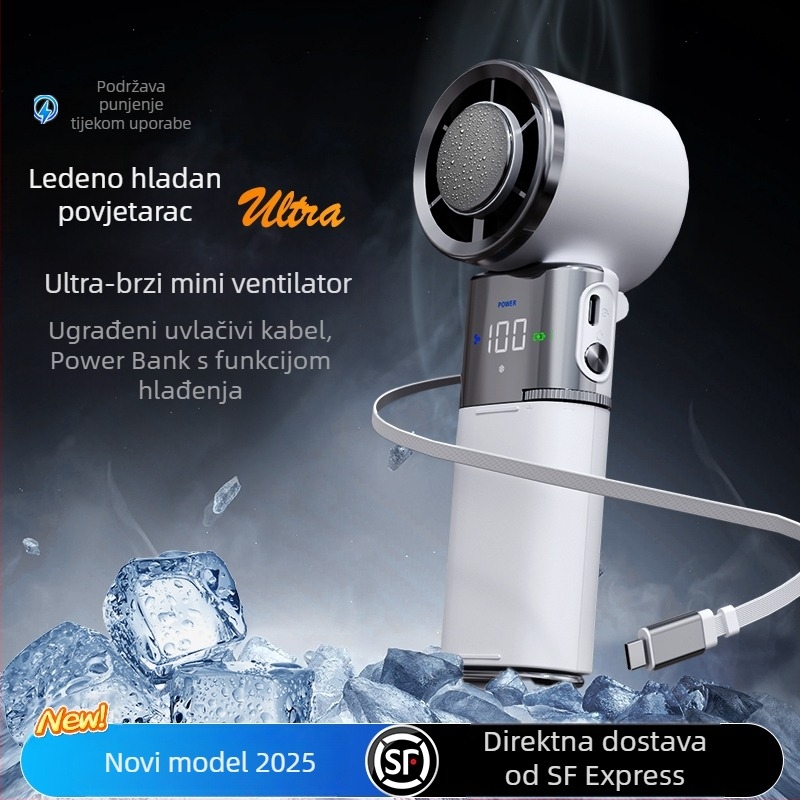 Ventilator za hlađenje s baterijom 9000mAh, izvučivi kabel, ručni, ultra-brzi digitalni displej, sklopivi ventilator