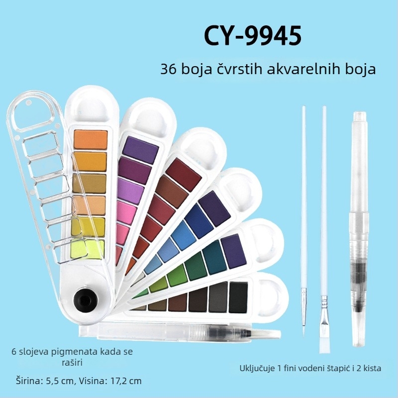 Set tvrdih akvarel boja u obliku fan-a, 36 boja, za početnike