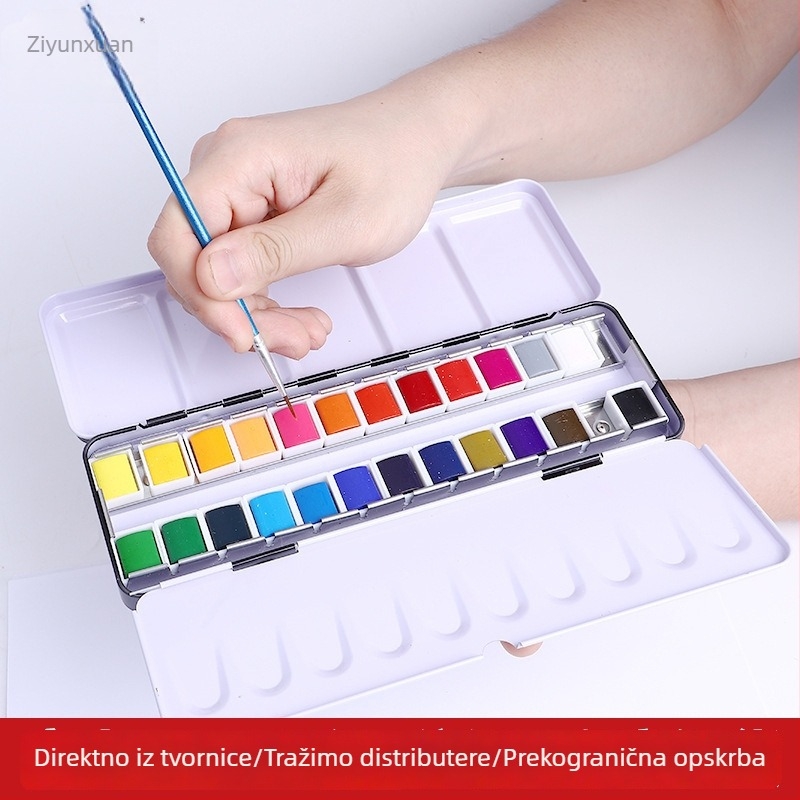 24 boja čvrstih akvarela u metalnoj kutiji, prijenosni gouache set za učenike