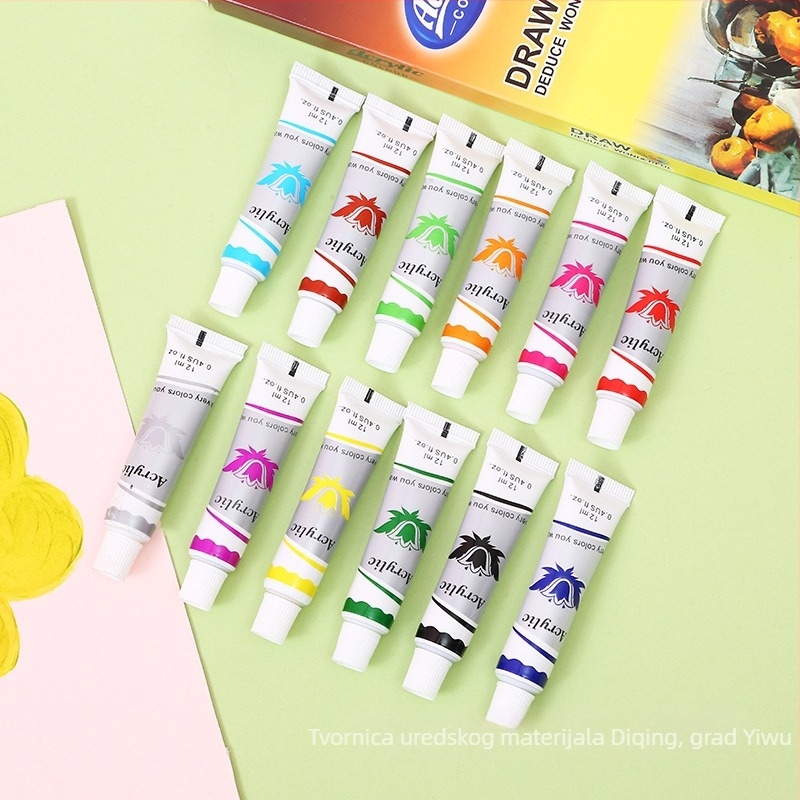 Dječji akrilni set boja, 12 boja, 9 ml po boji, DIY crtanje, u kutiji s aluminijsko-plastičnim cijevima