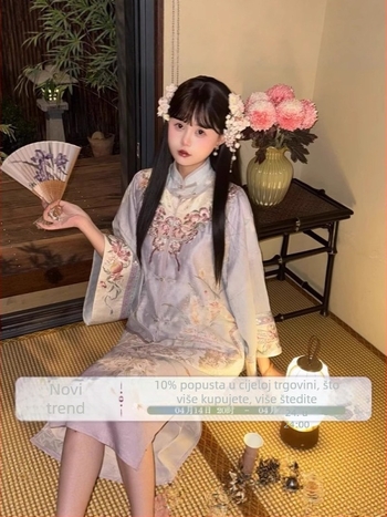 Izvorni Hanfu set u stilu Republike Kine s izvezenim tiskanim cheongsamom i topom s okruglim izrezom – elegantan nacionalni stil kompleta