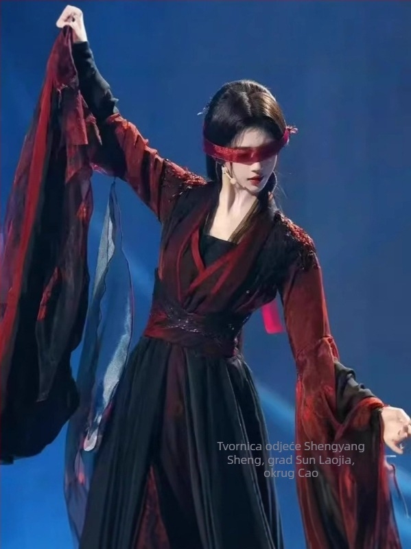 Klasični plesni kostim s motivom lotosa, crno-crvena široka suknja, tekući izvedbeni outfit u stilu Hanfu