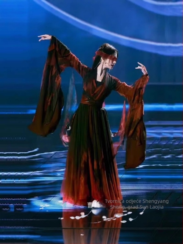 Klasični plesni kostim s motivom lotosa, crno-crvena široka suknja, tekući izvedbeni outfit u stilu Hanfu
