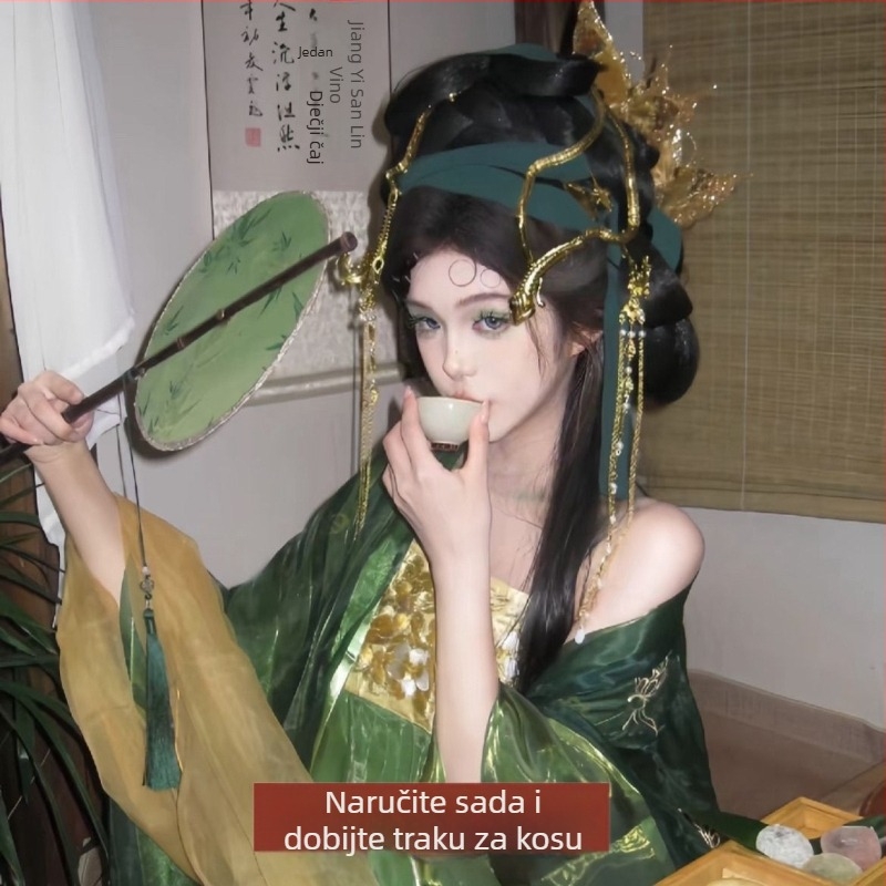 Shan Hai Ji Hanfu s zlatom nitom – ruha s brodom u zelenim zmijskim nijansama, dvostruki široki rukavi, četverodijelni set za proljeće i ljeto