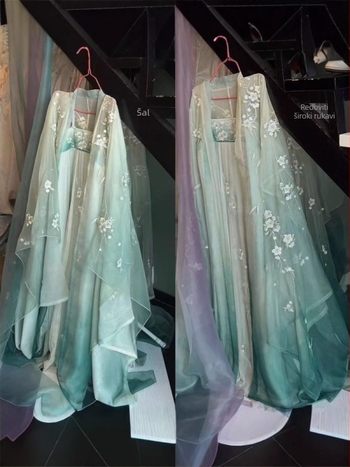 Ženski Hanfu set s gradientnim vezom: haljina do prsa, top s širokim rukavima i komad do struka, proljeće-ljeto.