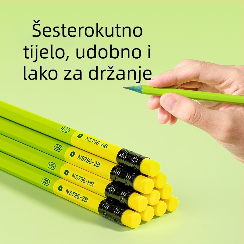 Deli NS796-HB Zeleni grafitni olovka s gumom na kraju, šestostruki drveni kućište, za ispite, skice i grafite