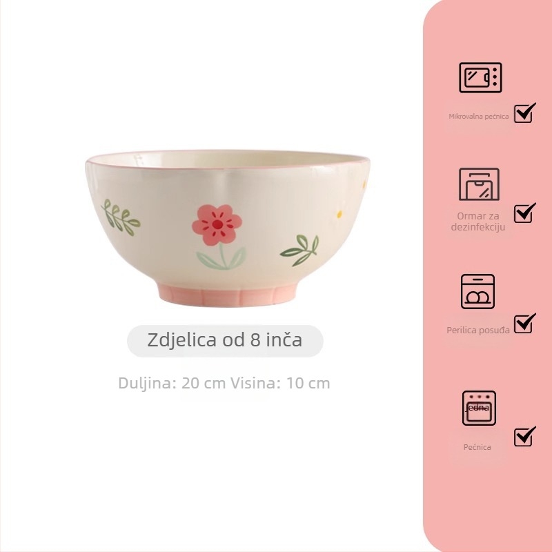 Porcelanski kućni set posuđa s nježnim ružičastim cvjetnim uzorkom — zdjele i tanjuri s dvostrukim ručkama, nordičkog stila