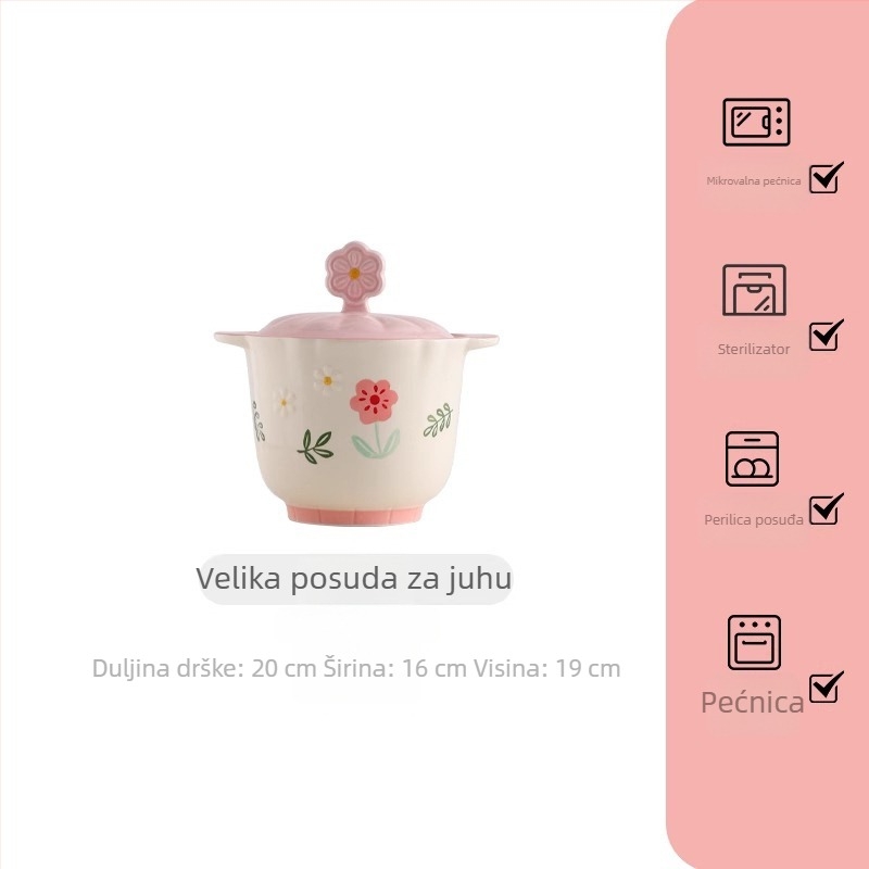 Porcelanski kućni set posuđa s nježnim ružičastim cvjetnim uzorkom — zdjele i tanjuri s dvostrukim ručkama, nordičkog stila