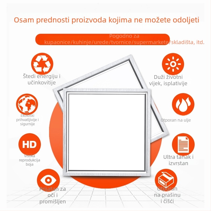 Integrirano stropno LED ravno pločasto svjetlo 600x600 mm, 60x60 panel svjetlo, ploča od gips-mineralne vune, debljina 1,3 cm