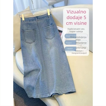Ženska traper suknja midi duljine s kopčama sprijeda, visokim strukom, bočni otvor, A-linija