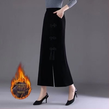 Midi suknja od zlatnog velura s flis podstavom, bočni prorez, kineski stil, topla zimi, 2024