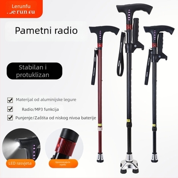 Višefunkcijska pametna radijska štaka za starije osobe, protuklizni teleskopski hodajući štap sa LED lampom, aluminijska rukohvat