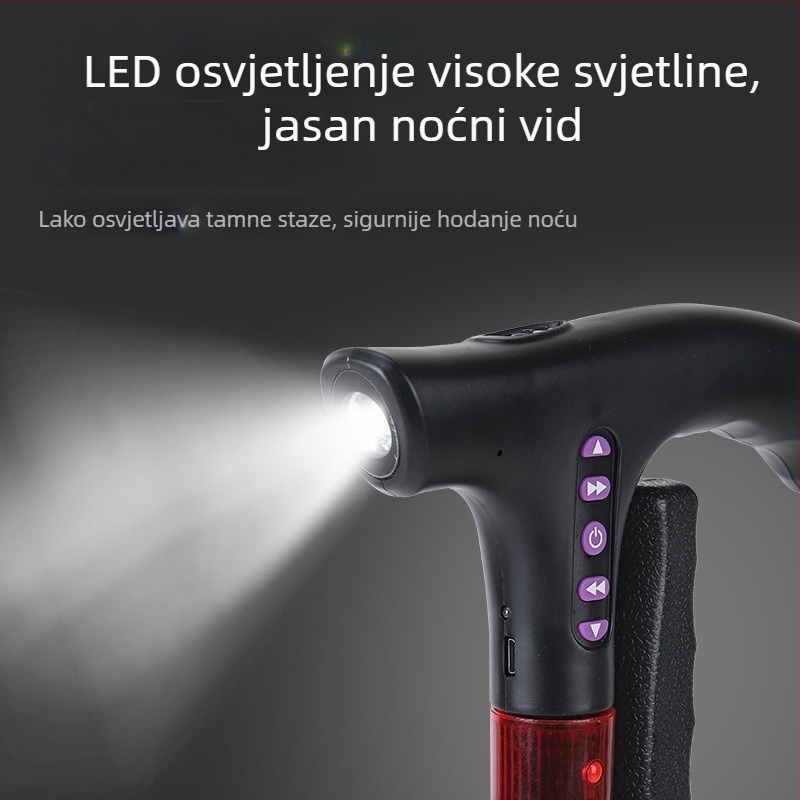 Višefunkcijska pametna radijska štaka za starije osobe, protuklizni teleskopski hodajući štap sa LED lampom, aluminijska rukohvat