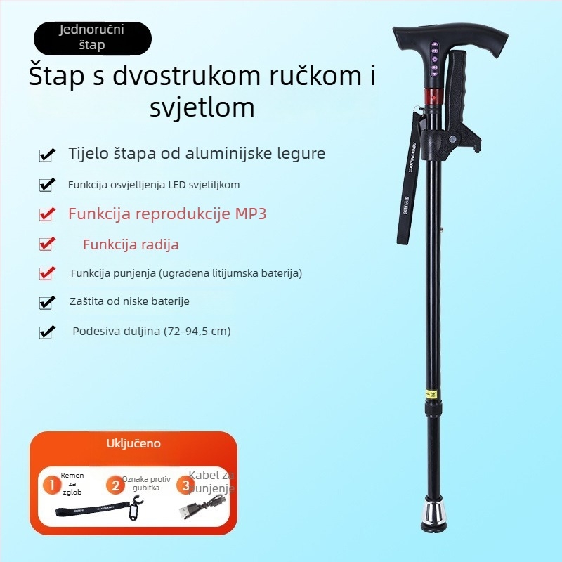 Višefunkcijska pametna radijska štaka za starije osobe, protuklizni teleskopski hodajući štap sa LED lampom, aluminijska rukohvat