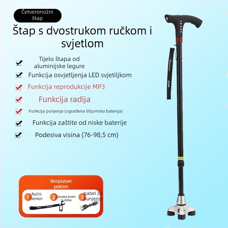Višefunkcijska pametna radijska štaka za starije osobe, protuklizni teleskopski hodajući štap sa LED lampom, aluminijska rukohvat