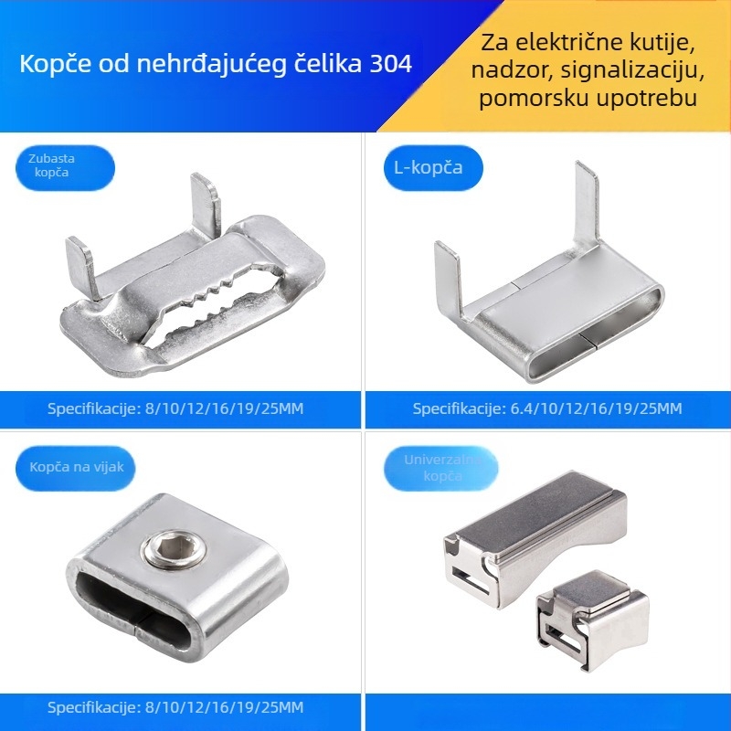 304 nehrđajući čelik — kopče i klipe za kabelske sustave: L‑oblik klipsovi, zubne kopče i spojke za trake (set različitih veličina)