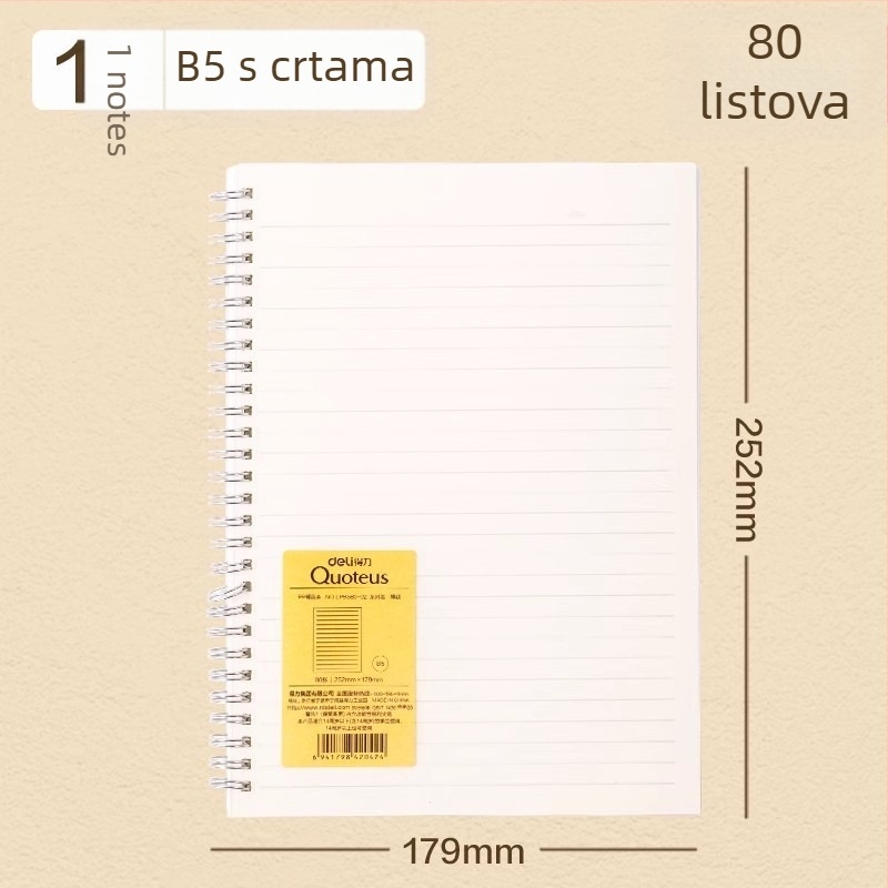 Deli B5 spiralna bilježnica, format A5, vodoravne linije, za srednje škole i pripremu za ispite, bilježnica za greške