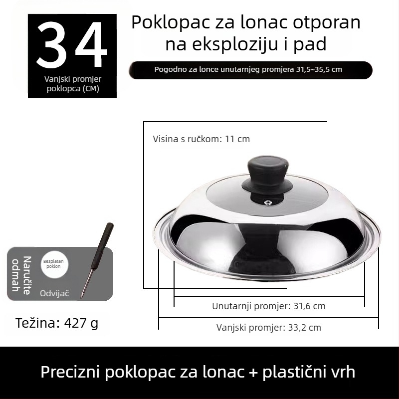 Prozirni poklopac od nehrđajućeg čelika za lonac, kružno stakleno veko za paru s držalom