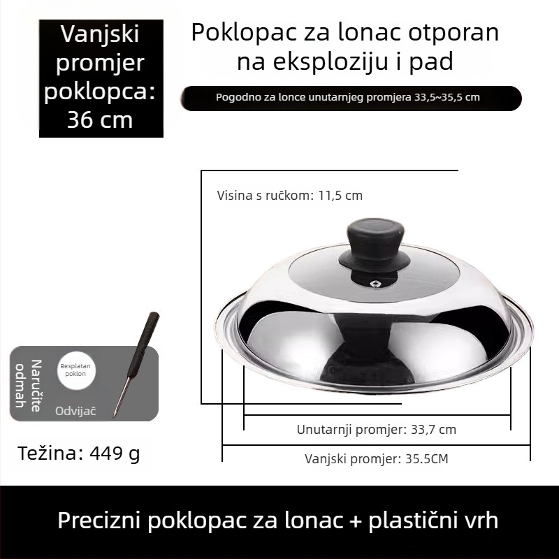 Prozirni poklopac od nehrđajućeg čelika za lonac, kružno stakleno veko za paru s držalom