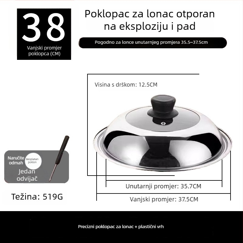 Prozirni poklopac od nehrđajućeg čelika za lonac, kružno stakleno veko za paru s držalom