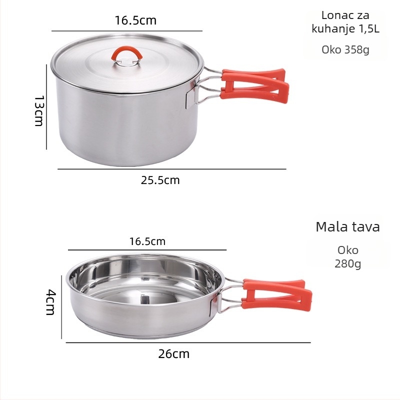 Set posuđa za kampiranje od nehrđajućeg čelika 304: kuhalo, tava, lonac za gulaš, sklopivi lonac, žlica i lopatica