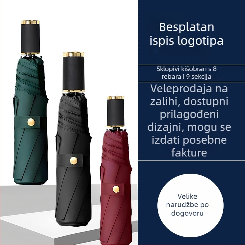 Ženski trodjelni sklopivi kišobran od vinila za sunce i kišu, UPF 50+
