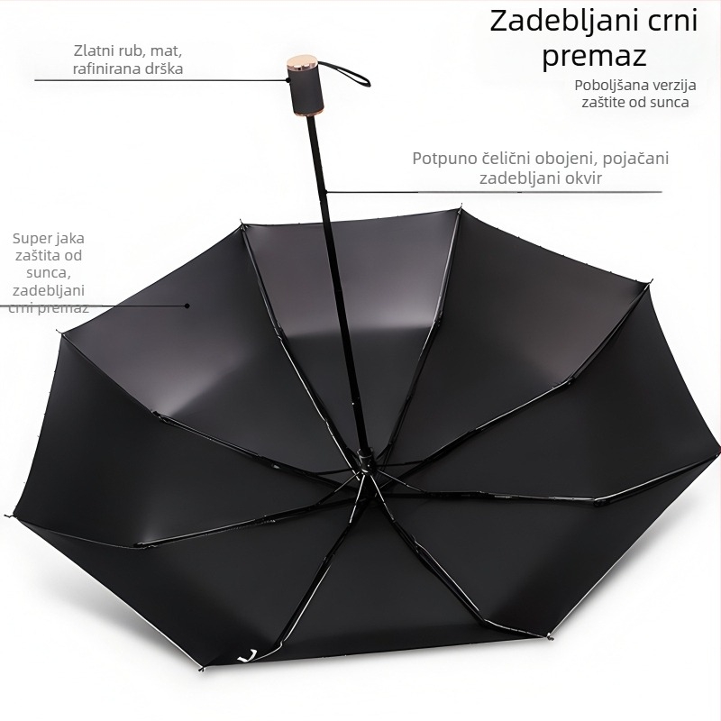 Ženski trodjelni sklopivi kišobran od vinila za sunce i kišu, UPF 50+
