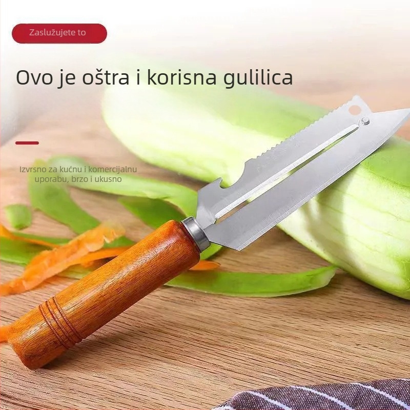 Veliki kuhinjski guljač s drvenom ručkom, 4-funkcijski alat za guljenje jabuka, voća i uklanjanje ribljih ljuskica