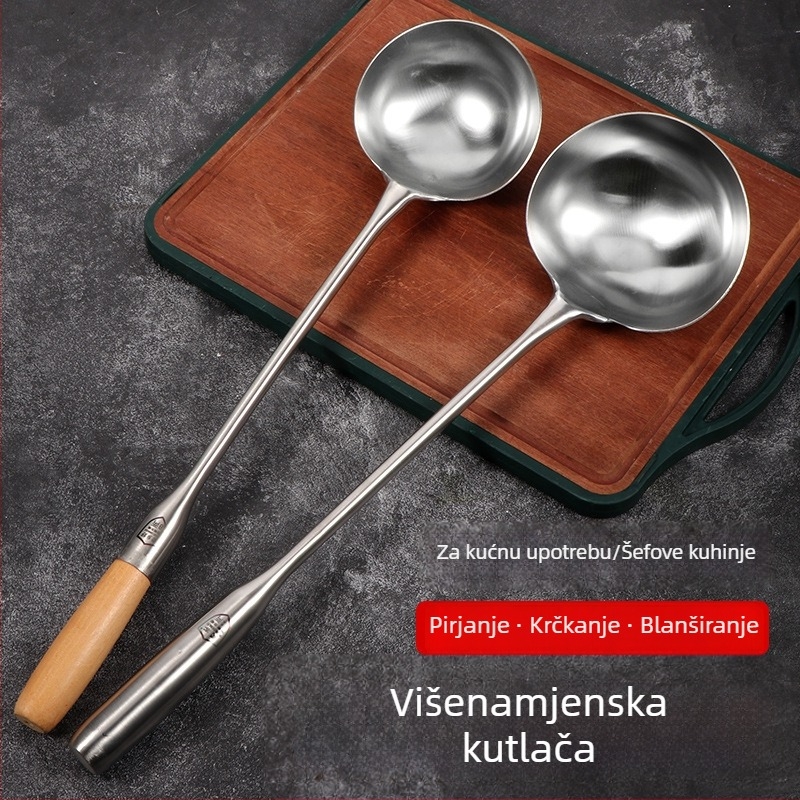 Nehrđajuća čelična žlica za prženje s drvenom drškom, dugačak držak, debela konstrukcija, prehrambena kvaliteta