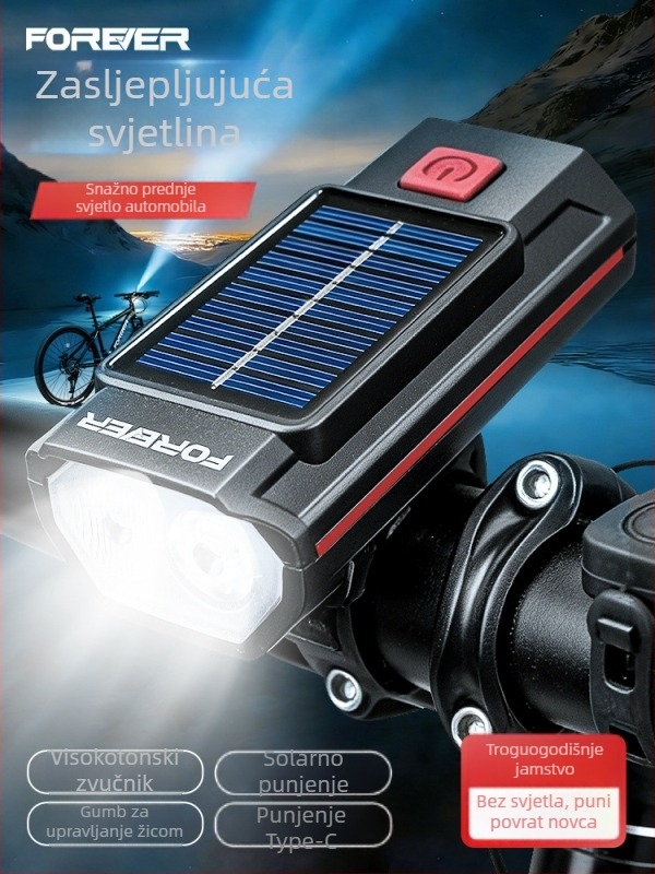 Stalna prednja svjetiljka za bicikl za noćnu vožnju, ultra jaka LED svjetiljka sa solarnim punjenjem, za planinske i cestovne bicikle