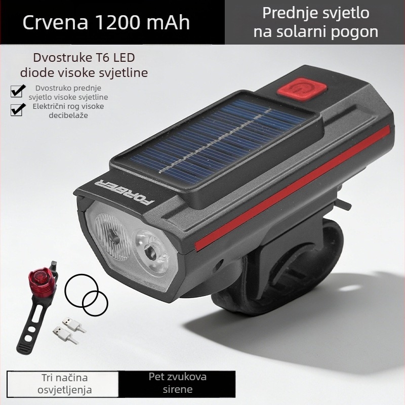 Stalna prednja svjetiljka za bicikl za noćnu vožnju, ultra jaka LED svjetiljka sa solarnim punjenjem, za planinske i cestovne bicikle