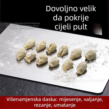 Velika kuhinjska daska za rezanje s površinom od nehrđajućeg čelika, pogodna za mijesanje tijesta, valjanje, rezanje voća i povrća; antibakterijska površina.