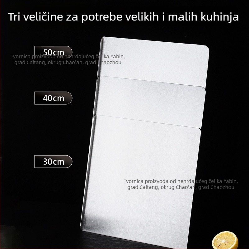 Velika kuhinjska daska za rezanje s površinom od nehrđajućeg čelika, pogodna za mijesanje tijesta, valjanje, rezanje voća i povrća; antibakterijska površina.