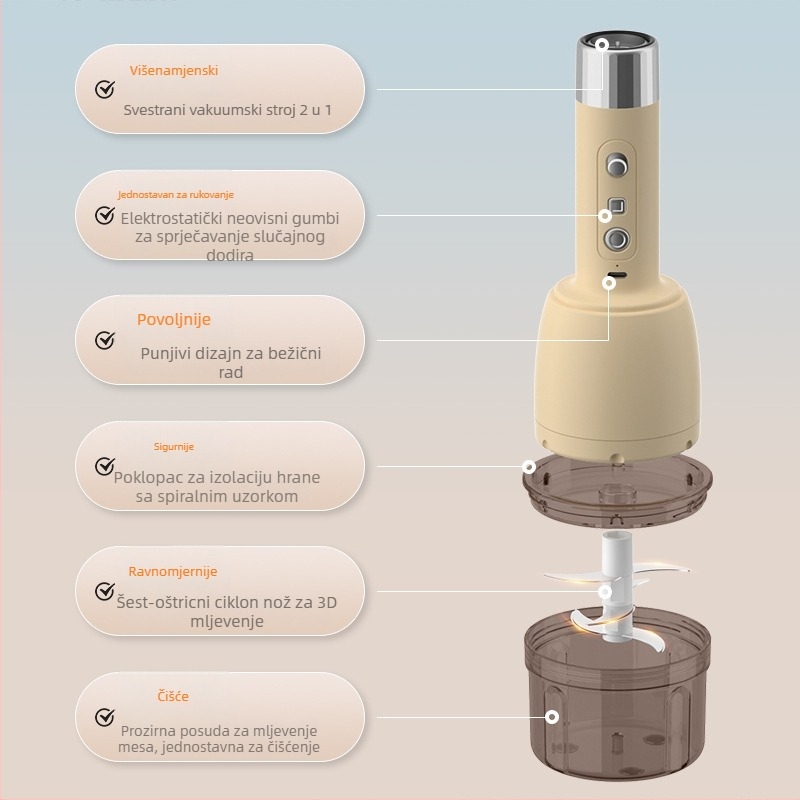 Kućni 2-u-1 mlin za meso s vakuum funkcijom i električni blender za mljeveno meso, češnjak i ljutu papriku
